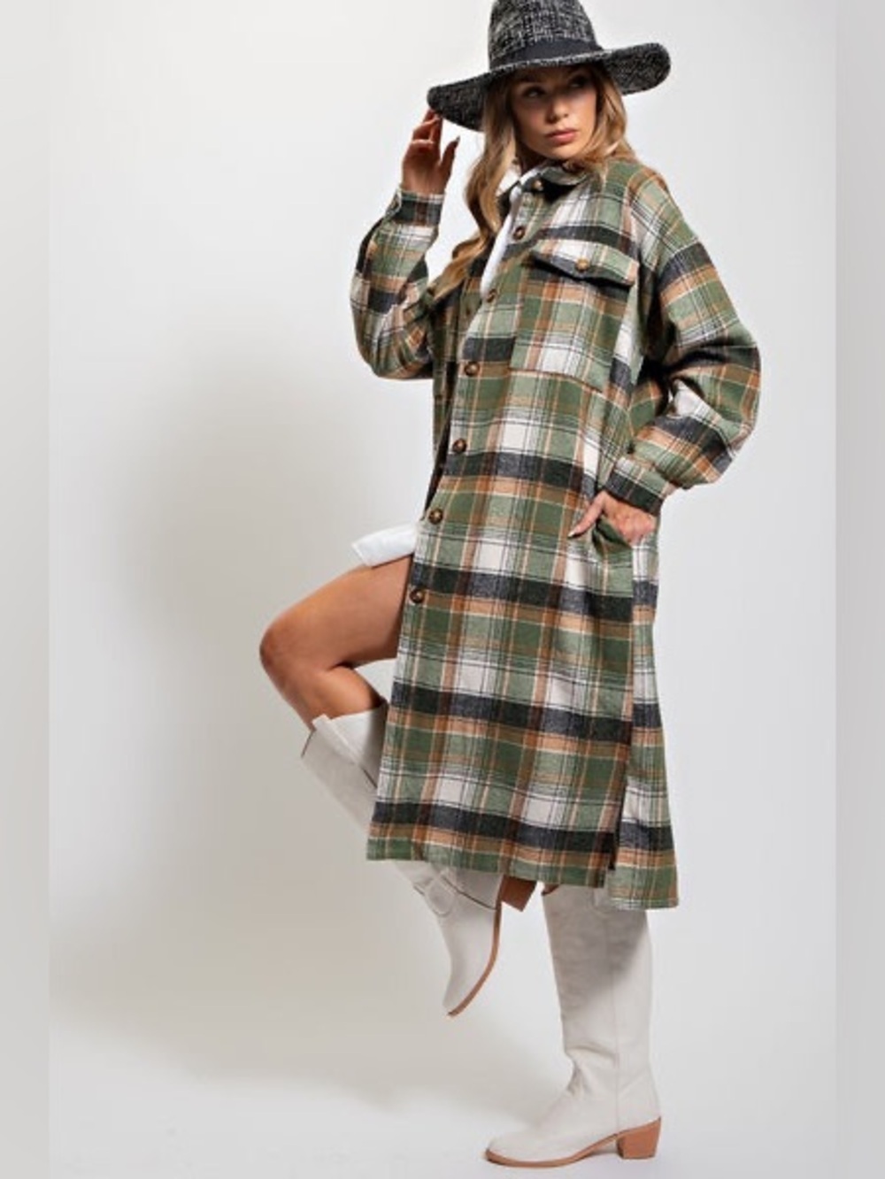 Easel Plaid Button Down Shacket Olive Green Size S NWT - Picture 2 of 8